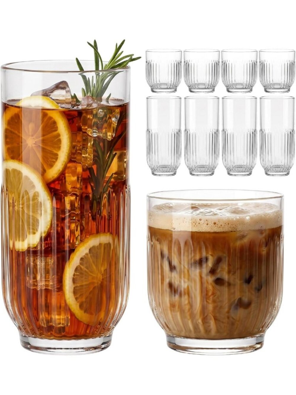 Set of 8 Vintage Ribbed Drinking Glasses - 4 Highball & 4 Rocks Tumblers, 13oz